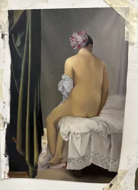 Painting of a seated woman, seen from behind