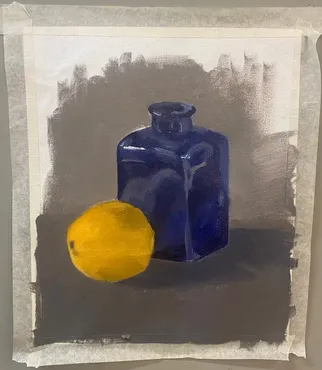 Still life painting of a blue glass bottle and a lemon