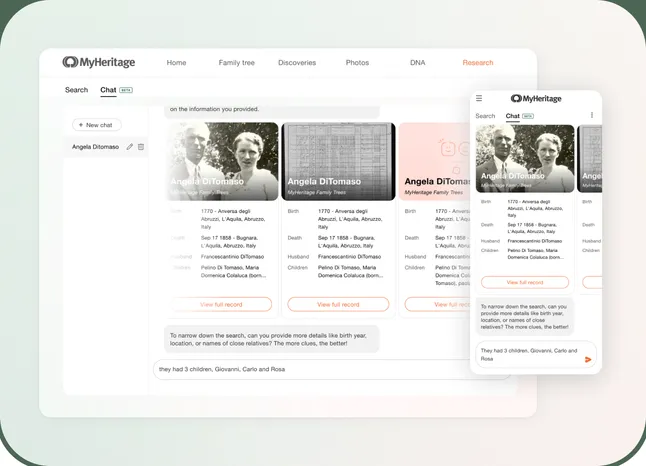 MyHeritage AI Historical chat on desktop and mobile